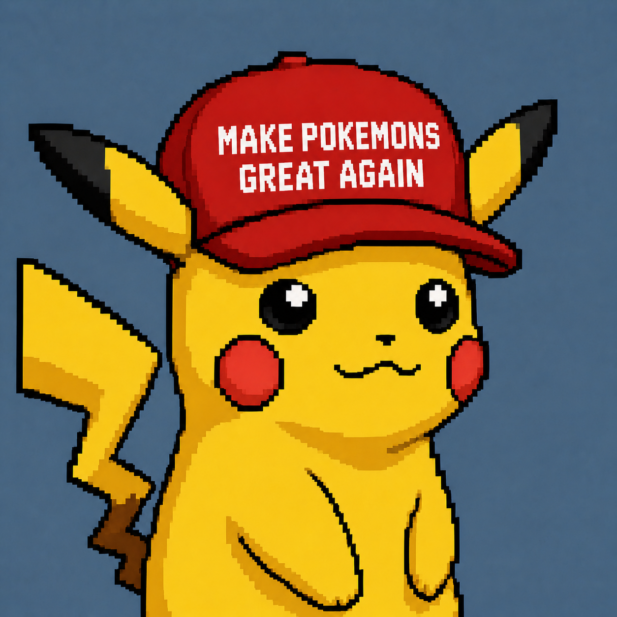 PikaCap mascot wearing a red Make Pokemons Great Again cap